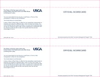 Blank on one side with generic Rules of Golf printed on reverse side. Tear-strip for championship scorecards, (8.5” x 11” sheet with one perforation, to produce two 4.25” x 11” cards; 500 sheets per box for 1,000 cards).Shrink wrap in packages of 250 with 500 per carton.65# White Opaque Prints 1/0 in PMS 2955 Face Only.One full horizontal perforations @ 5.5” and three full vertical perforations @ .813”, 4.25”, and 5.063” from left side.
