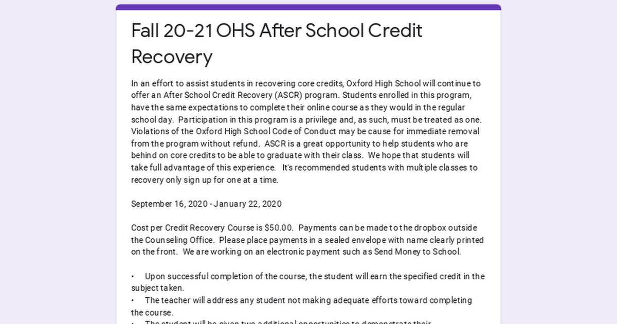 Fall 20-21 OHS After School Credit Recovery