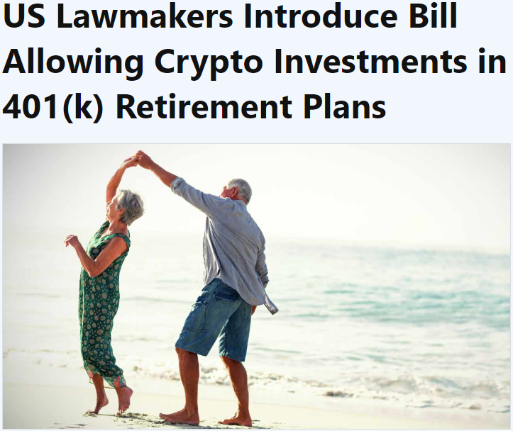 Headline with graphic of elderly couple dancing on the beach: US Lawmakers Introduce Bill Allowing Crypto Investments in 401(k) Retirement Plans