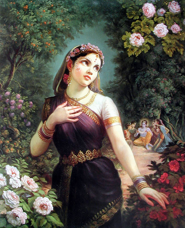 As Radha walks through a flower filled garden in this illustration, she is wearing a purple sari with flowers in her hair.