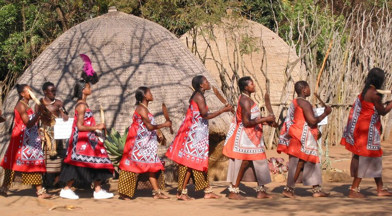 ladies wearing Swazi traditional outfits during an event