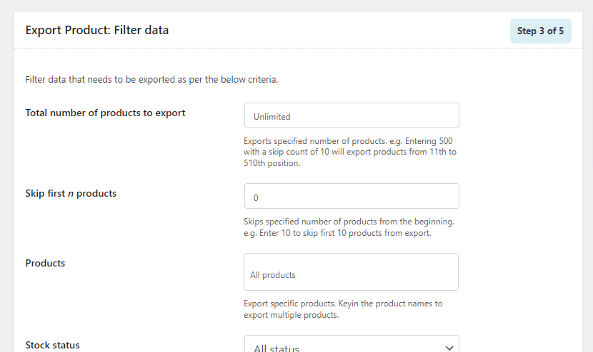 WooCommerce export products - Filter data
