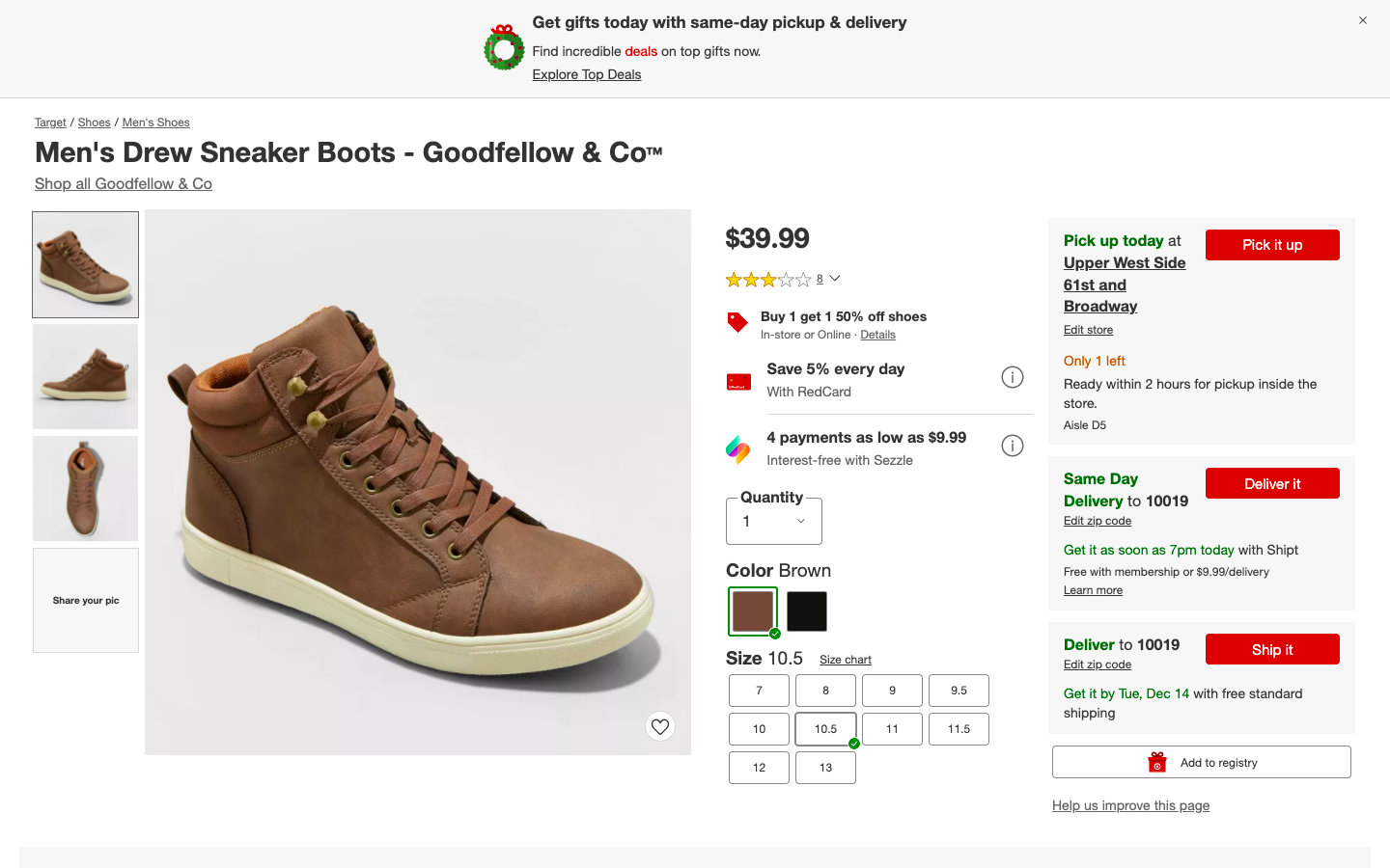 Target shows multiple delivery options, including pickup and same-day delivery based on ZIP codes