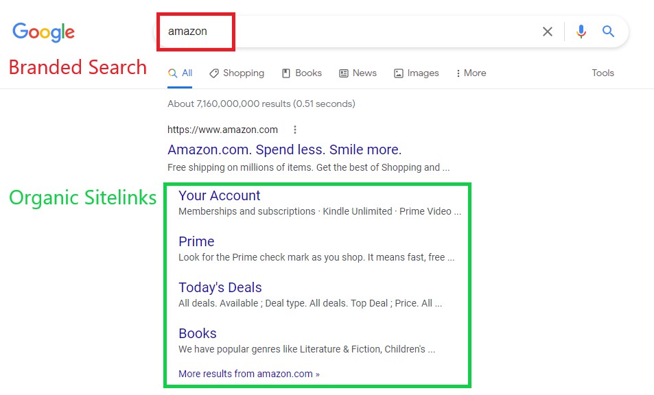 example of organic site links on the search results page