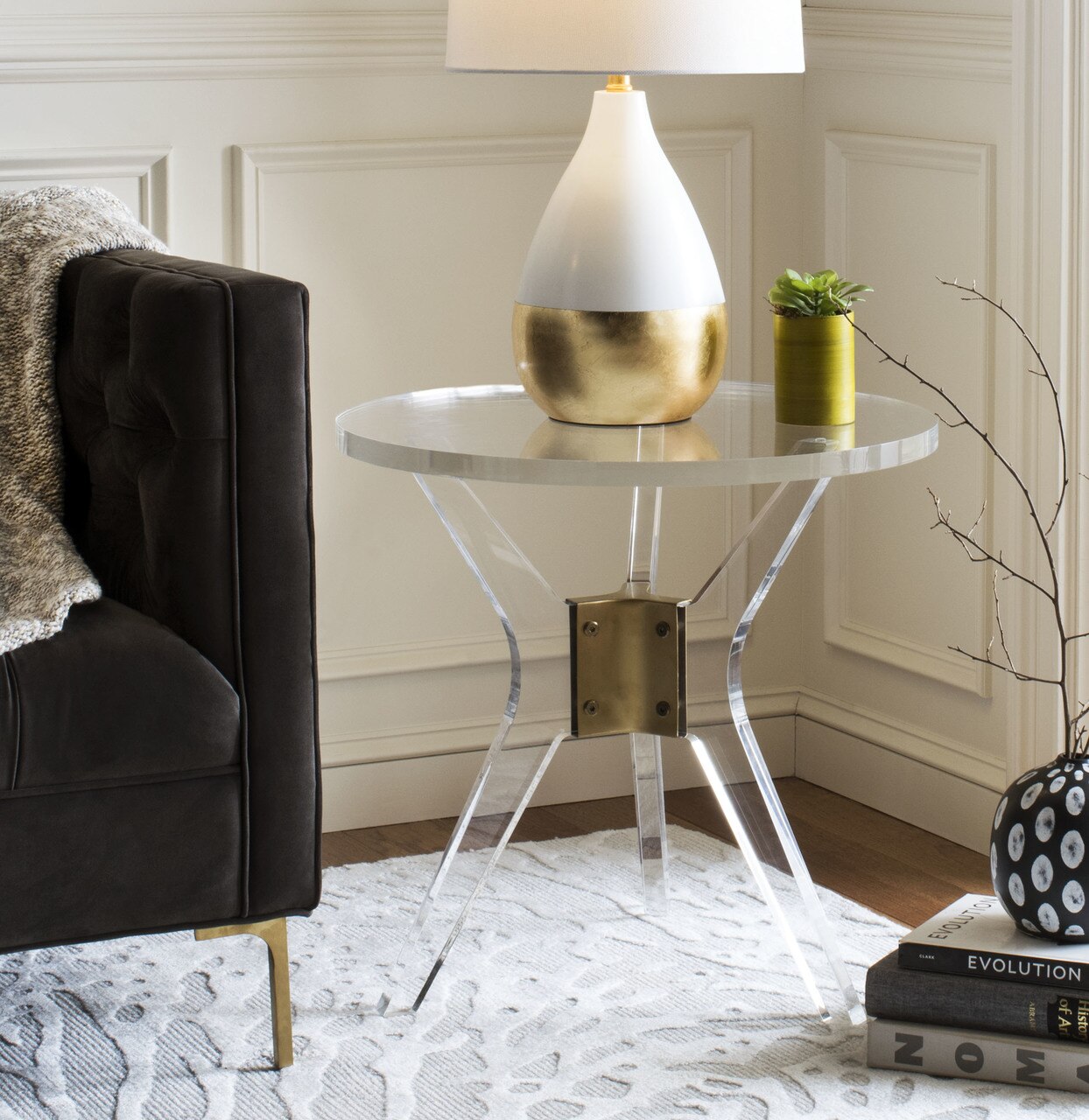 clear lucite side table with brass bracket