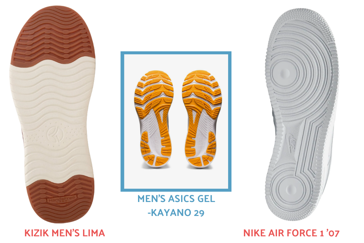 Comparison of the outsoles on Kizik Lima, Asics Gel Kayano 29, and Nike Air Force 1 '07