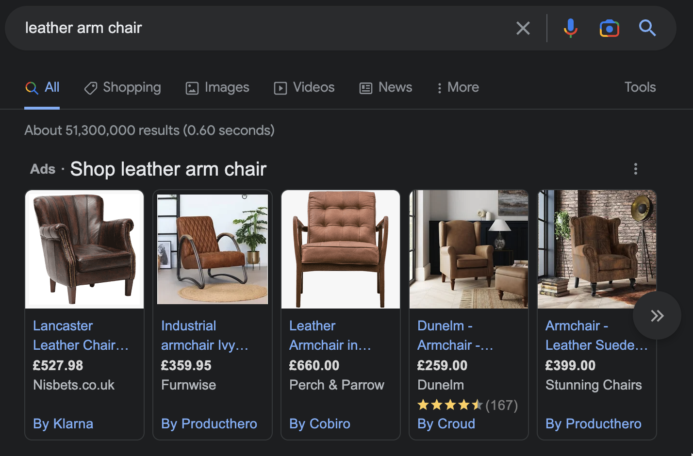 Screenshot of a Google search for leather arm chair