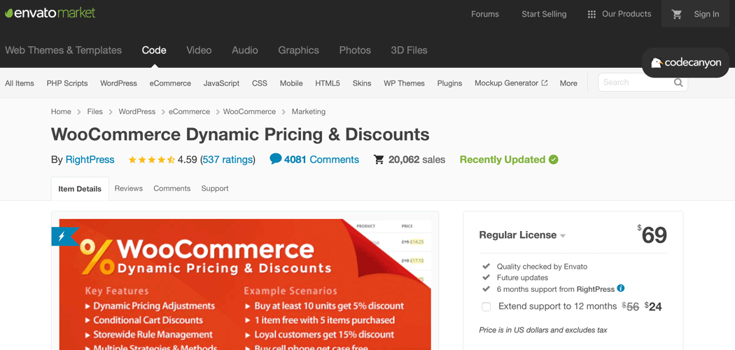 WooCommerce Dynamic Pricing & Discounts plugin page in the Envato Marketplace.