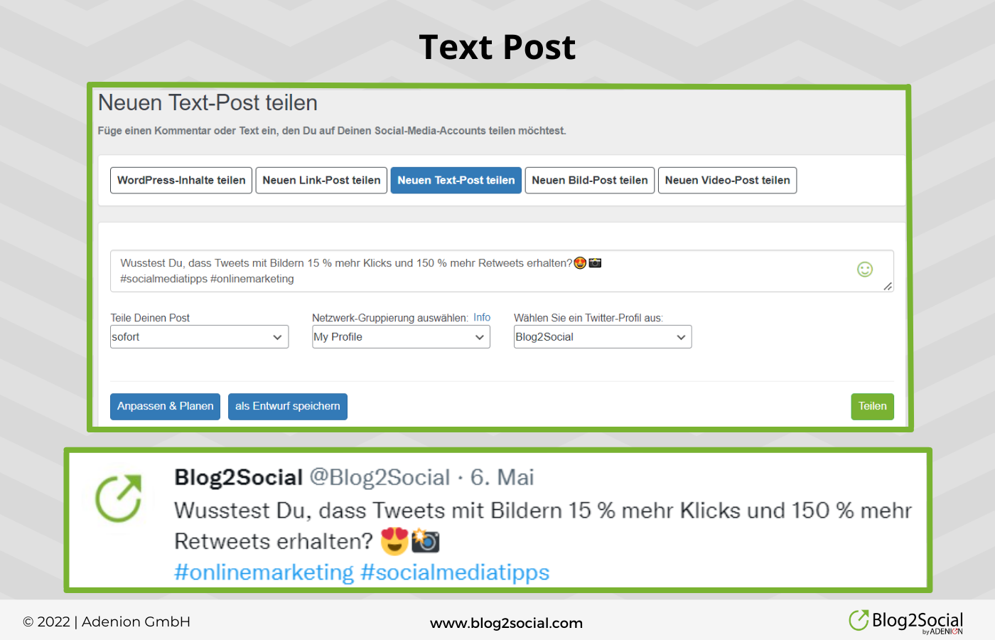 Zeit sparen mit Blog2Social: Text Post