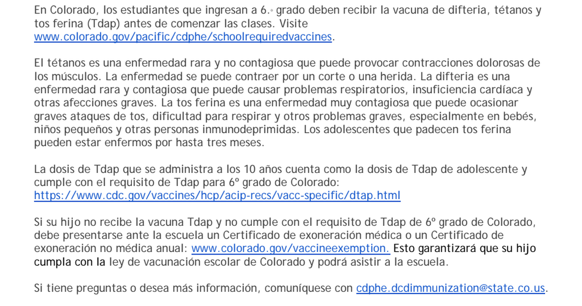 Spanish Tdap Immunization Letter for 5th Graders
