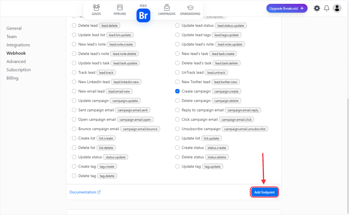 Click on Add Endpoint.