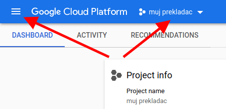 Vybrat projekt v Google Cloud Platform
