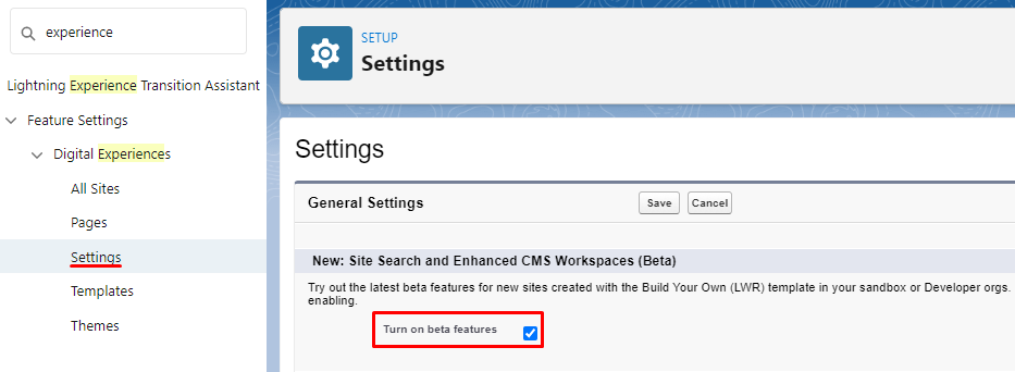 Turn on beta features checkbox