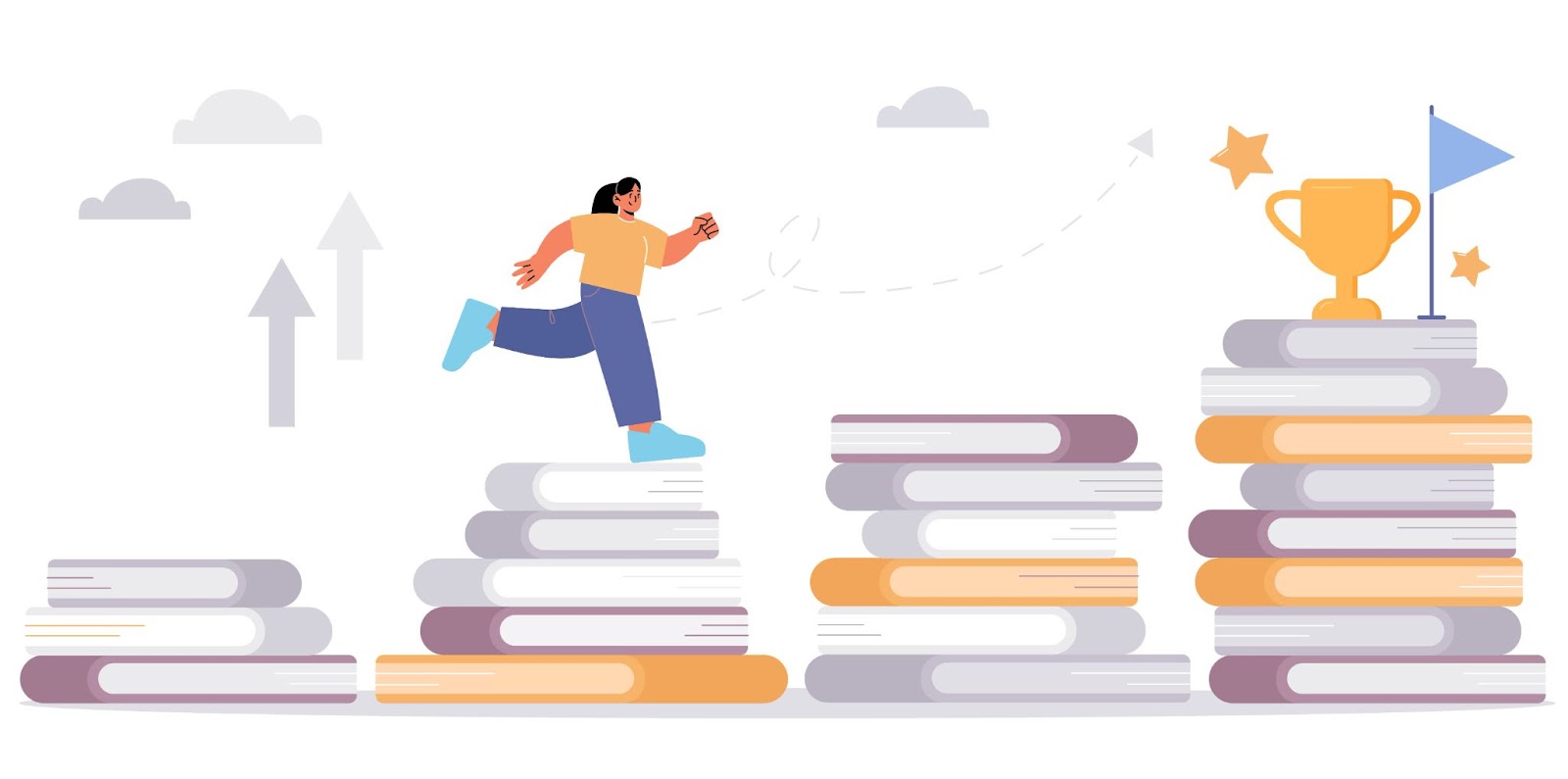 Woman run on stairs of books stacks to award on top concept of reading and knowledge help achieve goals success in education and career