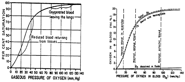 Oxygen-hemoglobin, oxygen-water (of the blood), oxygen-blood dissociation curves