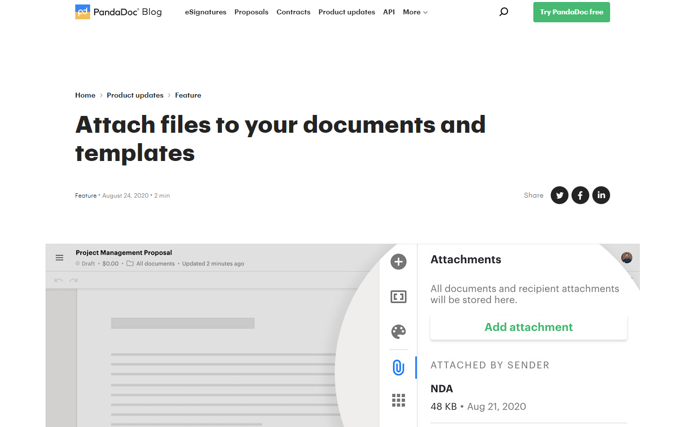 A screenshot of PandaDoc's blog post on how to attach files to documents and templates