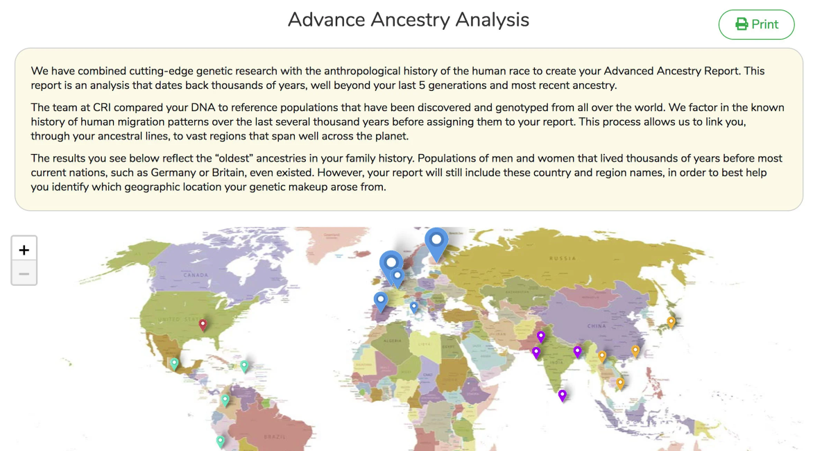CRIGeneticsの祖先レポートに付随する「最も古い祖先」のマップ。 （出典：CRI Genetics）。