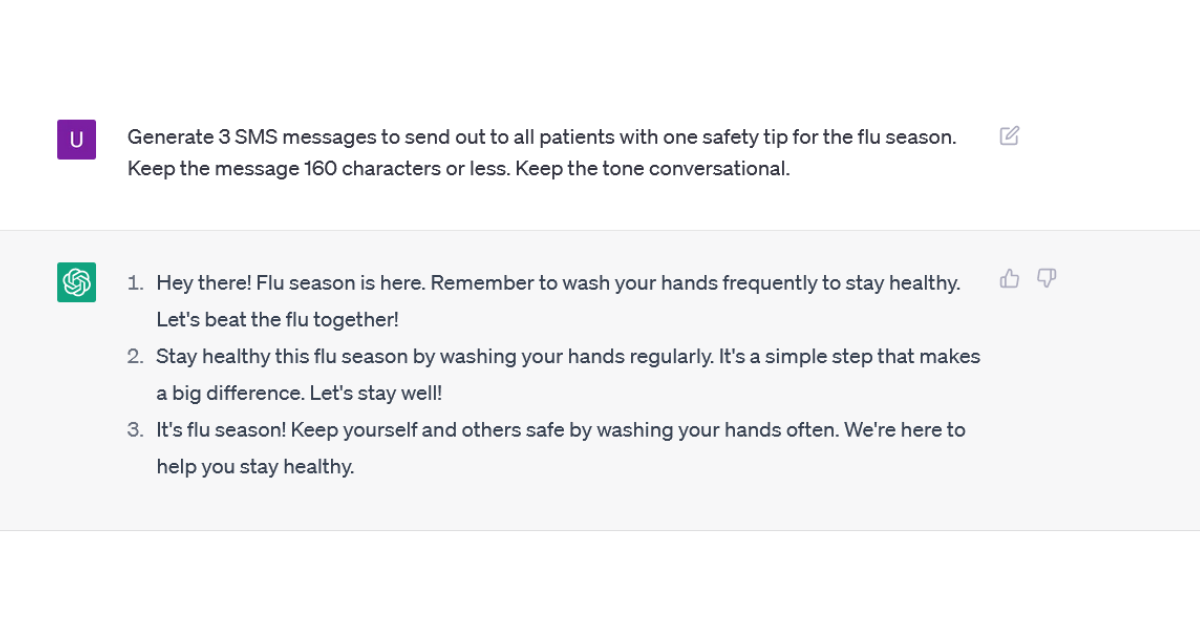 chatgpt prompt and response to inform patients about flu season