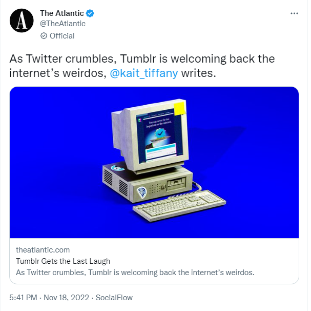 @TheAtlantic tweeting about Twitter users returning to Tumblr