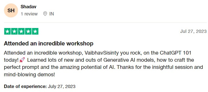 Review of ChatGPT workshop by GrowthSchool on Trustpilot