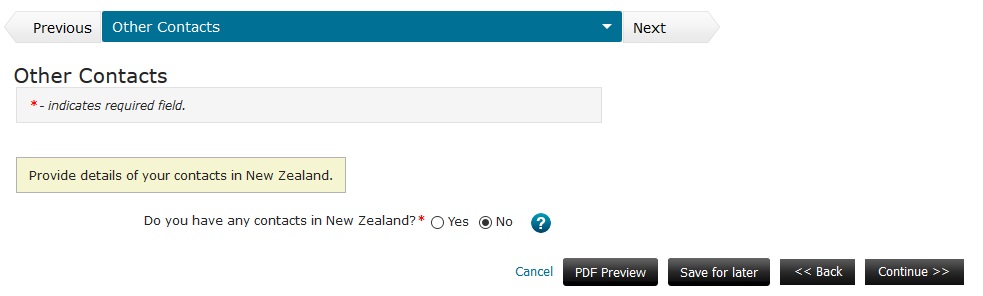New Zealand Visitor Visa Application - Other Contacts