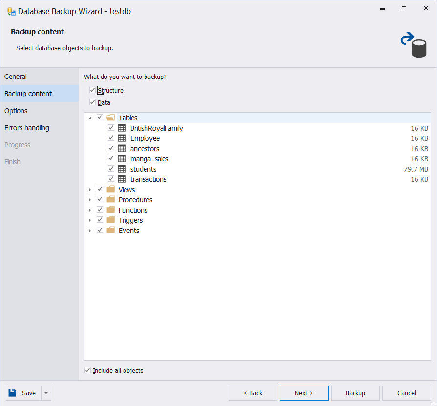 The third step to do MySQL copy database using dbForge Studio for MySQL. Choose the objects you want to backup.