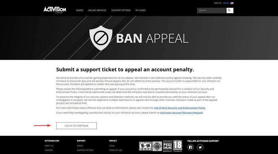 Submit a support ticket to Activision to appeal an account penalty