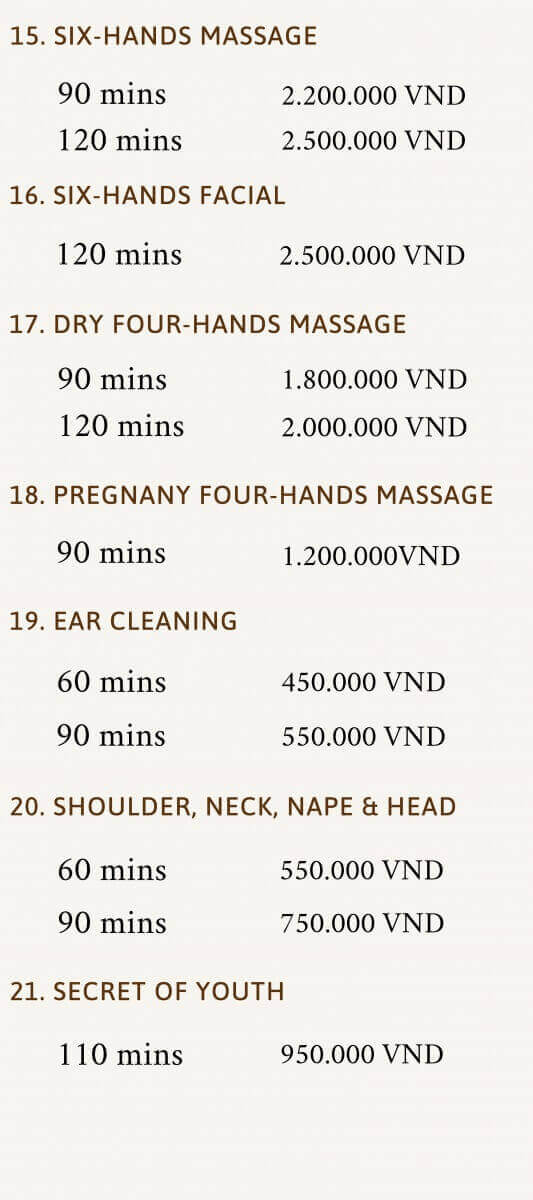 Price list of services at Herbal Spa Da Nang