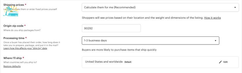 Etsy shipping details settings.