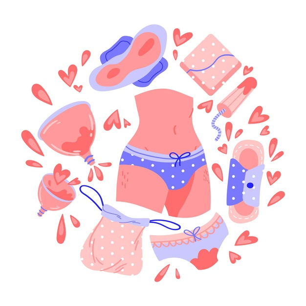 An illustration of an abdomen of a woman surrounded by menstrual cups, tampon and sanitary pads
