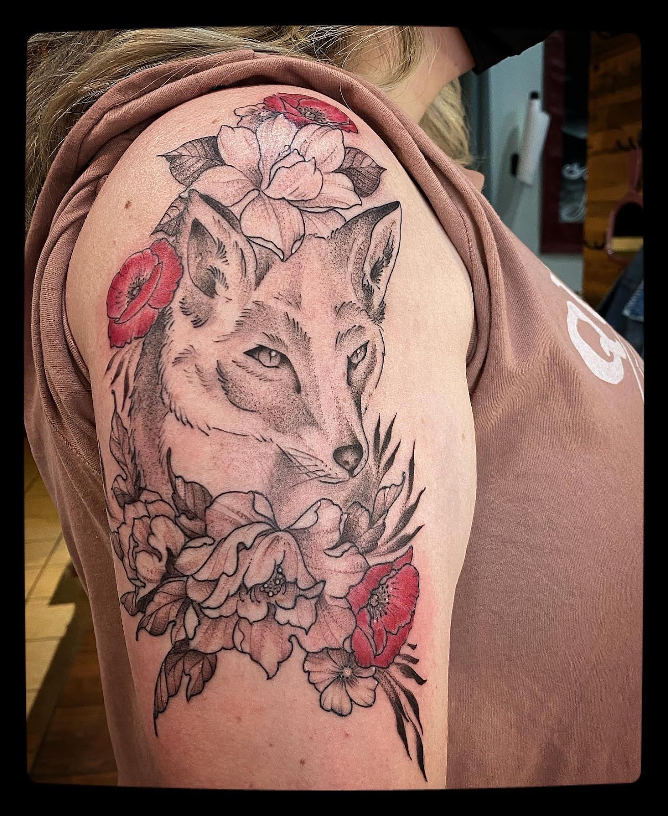 Fox With Flowers Classy Shoulder Tattoos Female