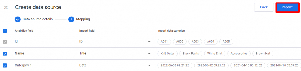 Triez les champs d'analyse et d'importation pour vos données téléchargées.