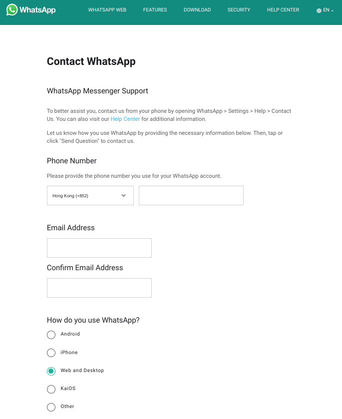 WhatsApp Account Support Center