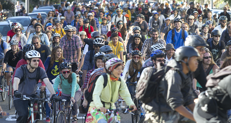 Bicycle Music Festival fans ride together. 