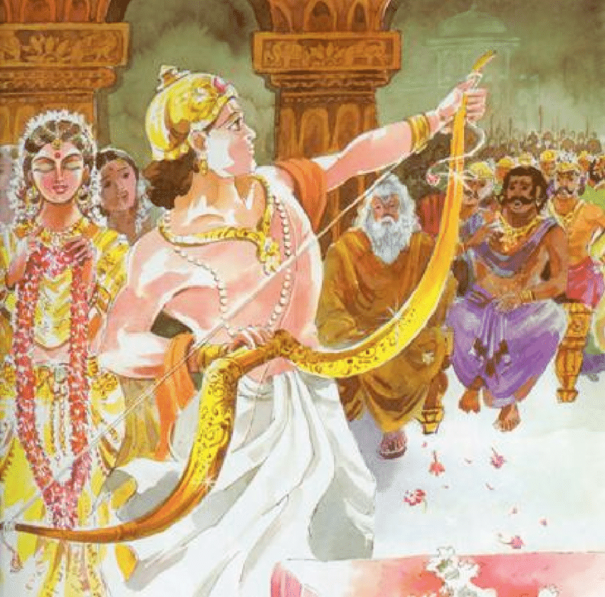 Rama lifts and strings the bow. Sita stands nearby in a yellow sari, preparing to place a flower garland around his neck.    