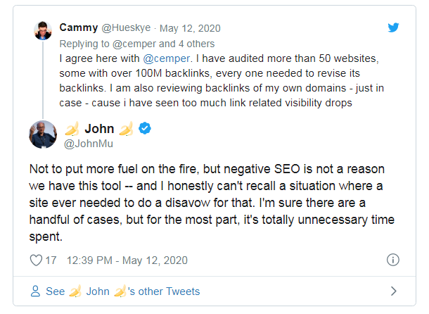 твит джона Мюллера о том, что инструмент отклонения ссылок создан не для борьбы с негативным сео