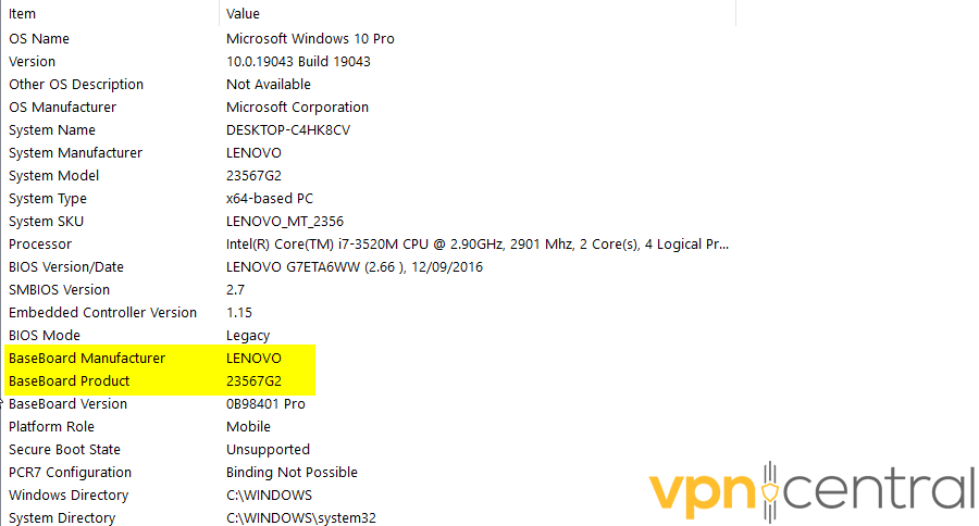 Baseboard Manufacturer and Baseboard Product information in Windows System