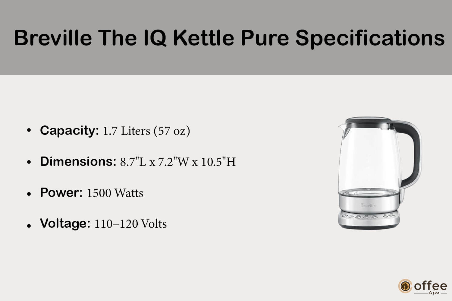 "This image showcases the specifications of 'Breville The IQ Kettle Pure' as detailed in our in-depth review article."