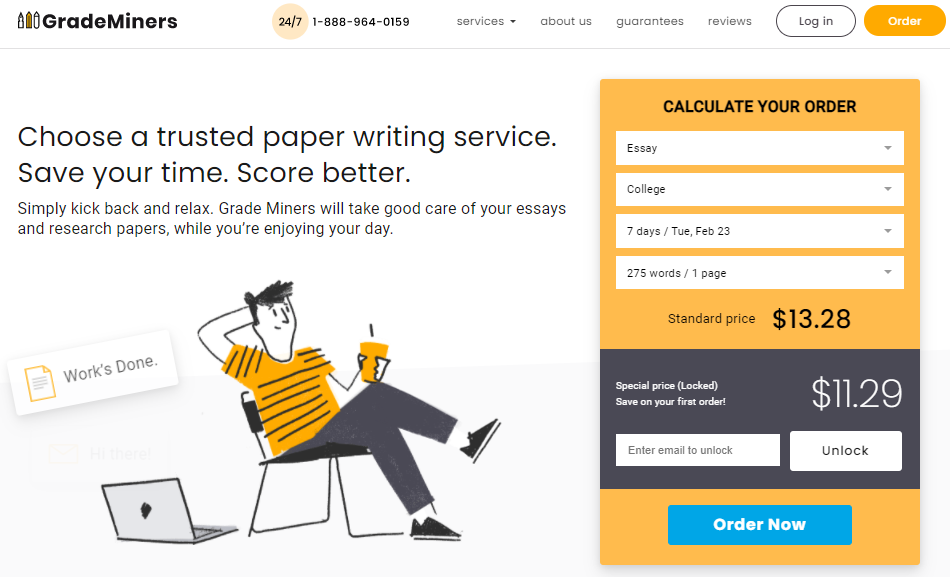 A picture showing the Grademiners homepage: Paper writing websites