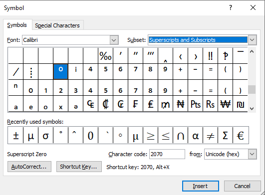 searching for superscript symbols in symbol window