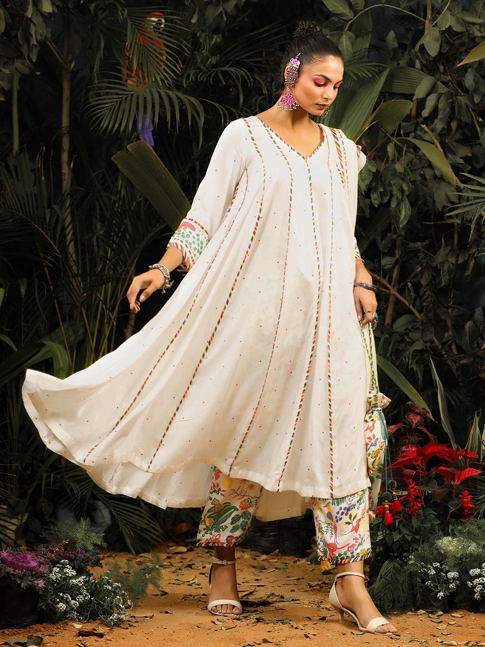 the loom - Off White Green Printed Anarkali Suit