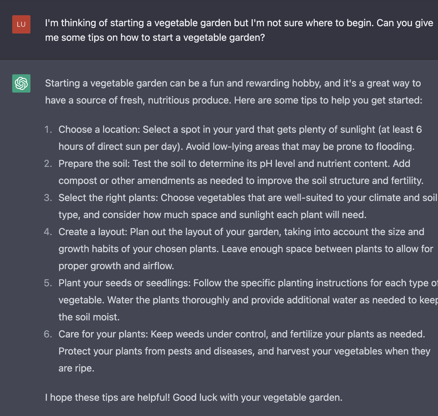ChatGPT on how to start a vegetable garden