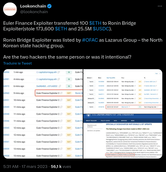 Tweet de Lookonchain qui dévoile le lien potentiel entre le hacker et lazarus