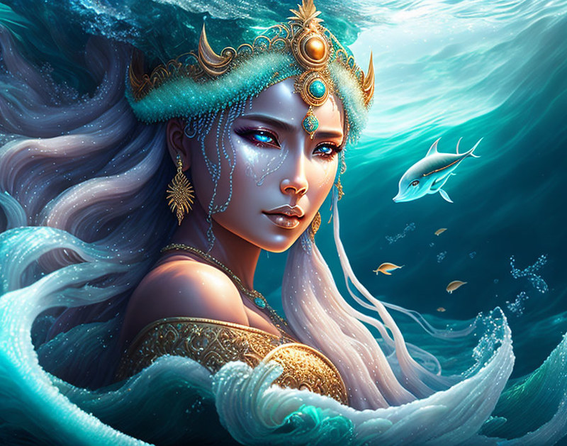 The illustration portrays the divine figure of the ocean, adorned with a crown atop her head and hair that mirrors the color of the vast sea. The background of the illustration portrays an array of fish, further emphasizing the ocean theme.