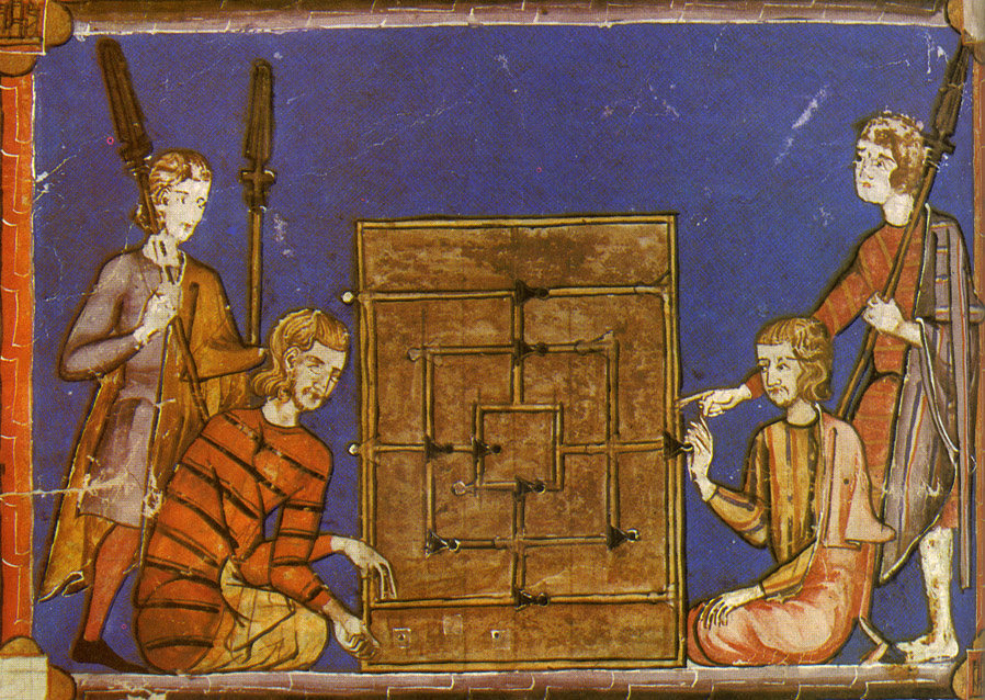 Иллюстрация из трактата Libro de los Juegos Альфонса X, на которой изображены мужчины, играющие в «Мельницу». Из открытых источников