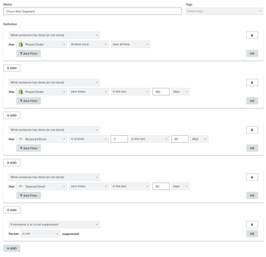 Klaviyo's example of churn risk segment