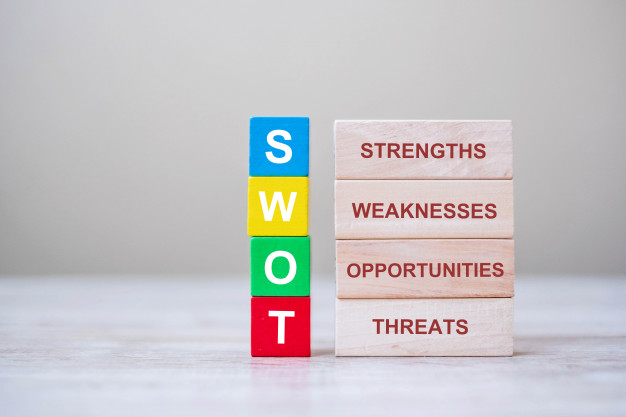 Palavra SWOT em blocos de madeira e seu significado