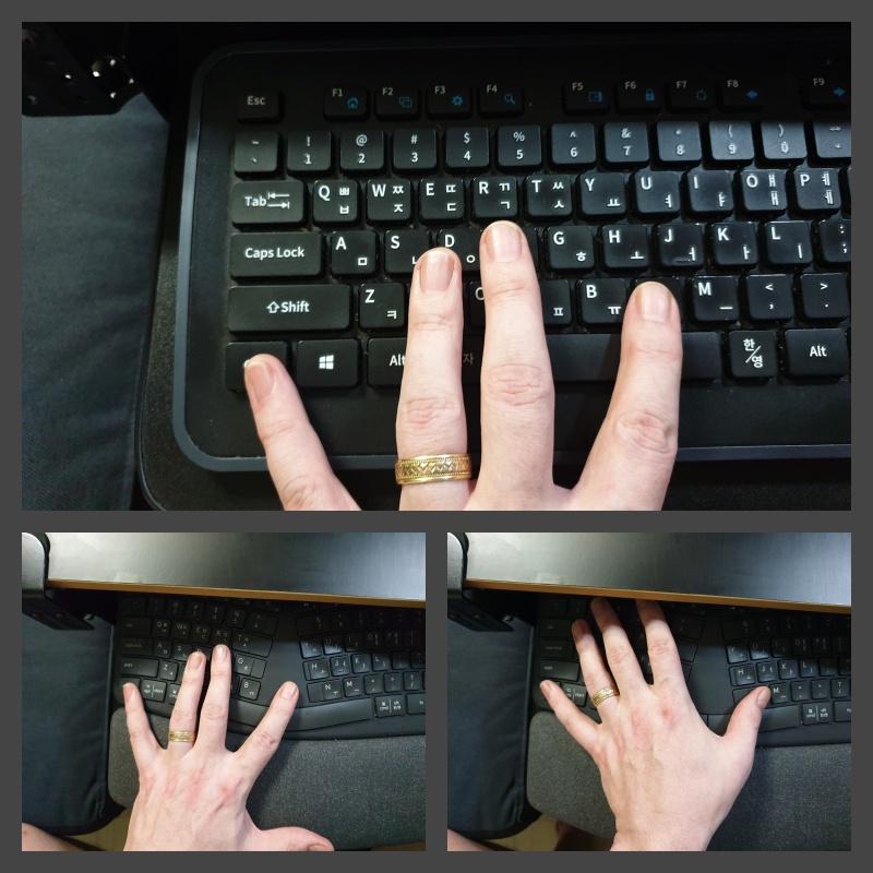 A photo collage demonstrating the difference in using the "ctrl + n" shortcut on English copywriter's old Panker keyboard and the new Ergo K860.