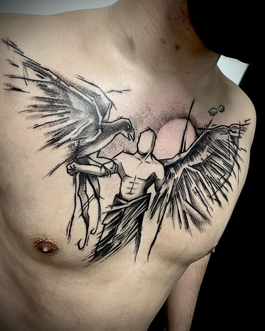 Angel With Bird Tattoo On Chest For Men