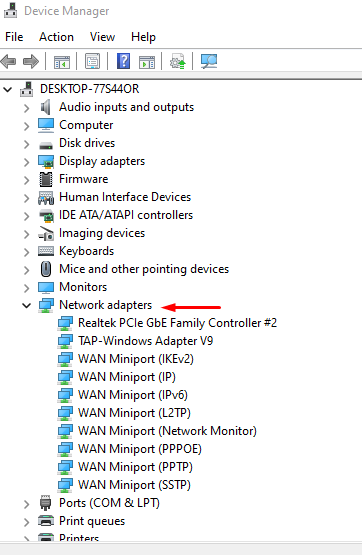 Screenshot of devices listed in the Windows device manager